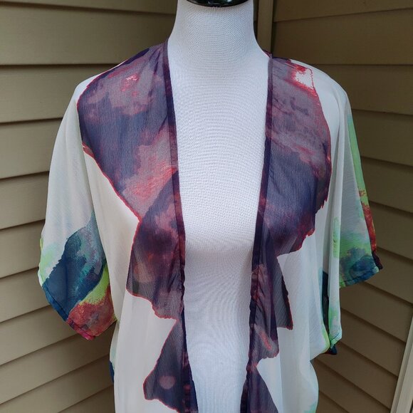 Mudd Multicolor Kimono Top Sheer Long Duster Dolman Short Sleeves Cover-Up Tunic - Picture 4 of 12